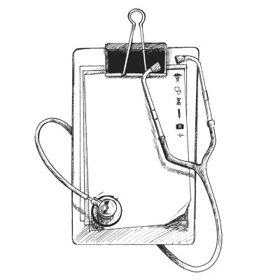 Doctor Blank clipboard with modern stethoscope, Hand Drawn Sketch Vector illustration.